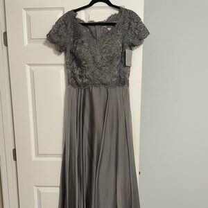 026 La Femme 27924 Floral Lace and Satin Chiffon Gown - Grey
